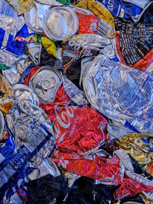 A close-up view of a pile of crumpled aluminum cans and plastic bottles, primarily in silver, red, blue, and gold colors, with some displaying branding such as Coca-Cola. The cans and bottles have var
